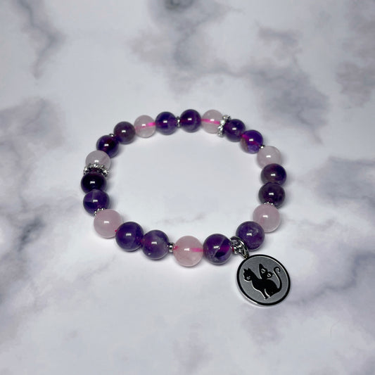 紫晶粉晶貓配飾水晶手鏈 | PP001